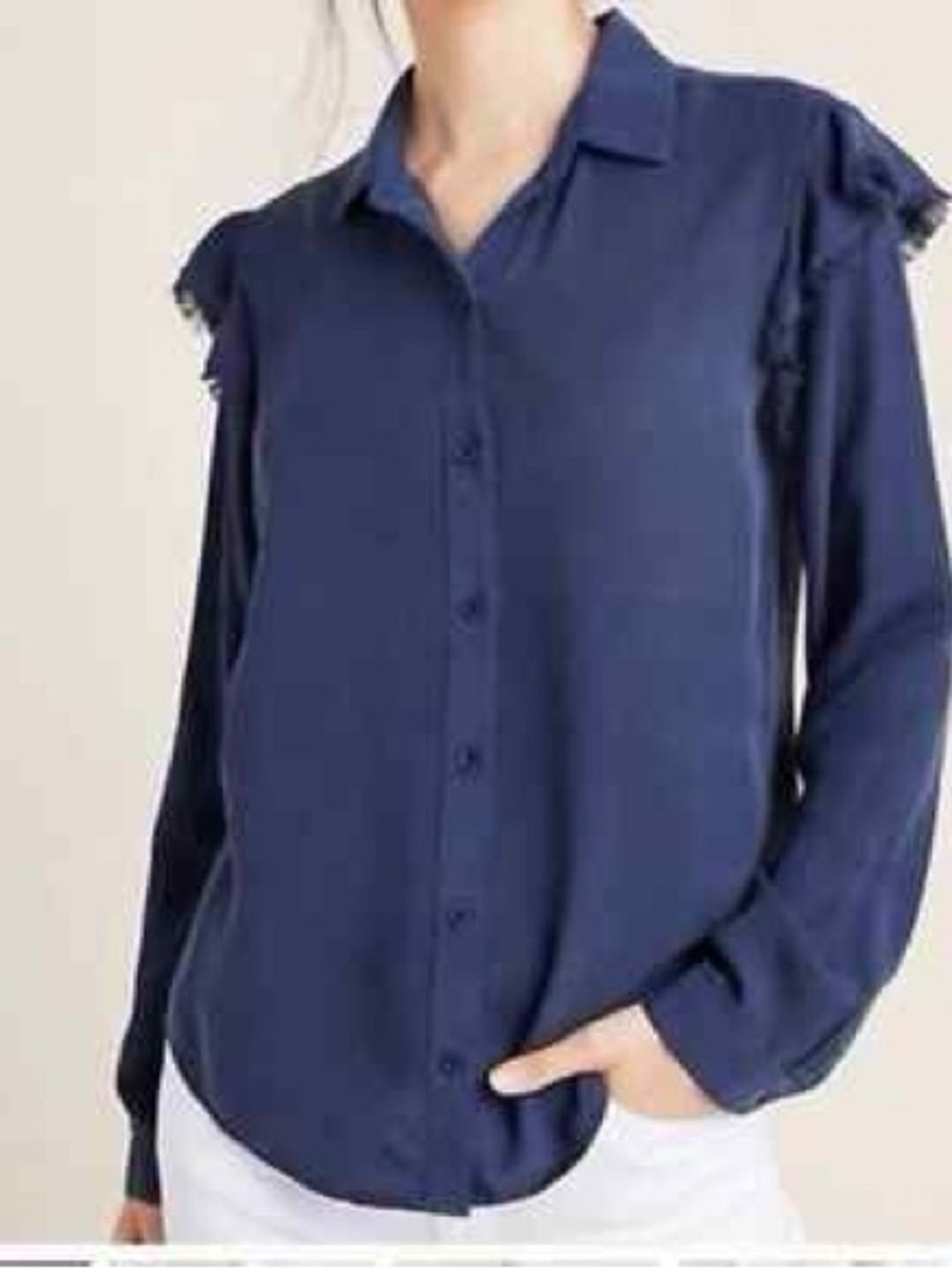 Cloth & Stone Anthropologie Navy Ruffle Shoulder Button Down Tencel Blouse XS